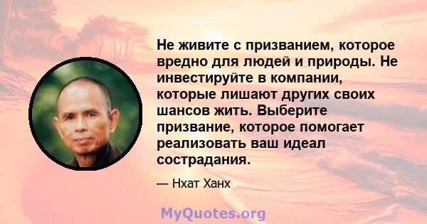 Не живите с призванием, которое вредно для людей и природы. Не инвестируйте в компании, которые лишают других своих шансов жить. Выберите призвание, которое помогает реализовать ваш идеал сострадания.