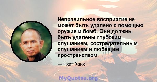 Неправильное восприятие не может быть удалено с помощью оружия и бомб. Они должны быть удалены глубоким слушанием, сострадательным слушанием и любящим пространством.