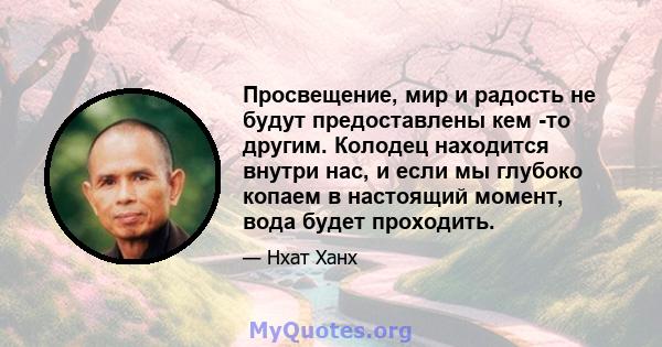 Просвещение, мир и радость не будут предоставлены кем -то другим. Колодец находится внутри нас, и если мы глубоко копаем в настоящий момент, вода будет проходить.