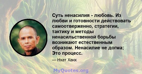 Суть ненасилия - любовь. Из любви и готовности действовать самоотверженно, стратегии, тактику и методы ненасильственной борьбы возникают естественным образом. Ненасилие не догма; Это процесс.