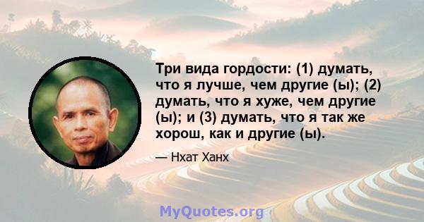 Три вида гордости: (1) думать, что я лучше, чем другие (ы); (2) думать, что я хуже, чем другие (ы); и (3) думать, что я так же хорош, как и другие (ы).