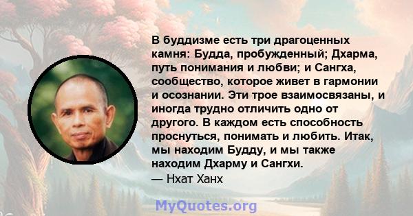 В буддизме есть три драгоценных камня: Будда, пробужденный; Дхарма, путь понимания и любви; и Сангха, сообщество, которое живет в гармонии и осознании. Эти трое взаимосвязаны, и иногда трудно отличить одно от другого. В 