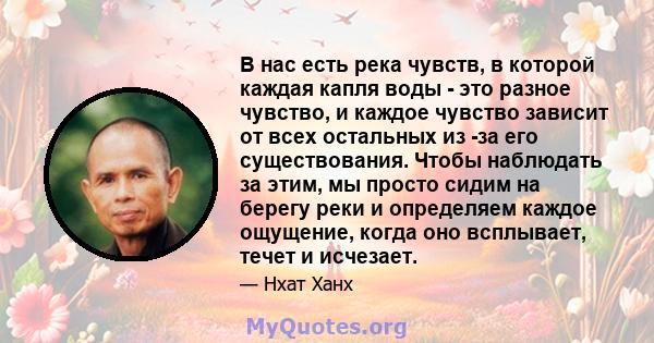 В нас есть река чувств, в которой каждая капля воды - это разное чувство, и каждое чувство зависит от всех остальных из -за его существования. Чтобы наблюдать за этим, мы просто сидим на берегу реки и определяем каждое