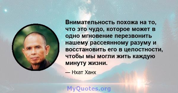 Внимательность похожа на то, что это чудо, которое может в одно мгновение перезвонить нашему рассеянному разуму и восстановить его в целостности, чтобы мы могли жить каждую минуту жизни.