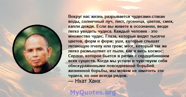 Вокруг нас жизнь разрывается чудесами-стакан воды, солнечный луч, лист, гусеница, цветок, смех, капли дождя. Если вы живете в осознании, везде легко увидеть чудеса. Каждый человек - это множество чудес. Глаза, которые