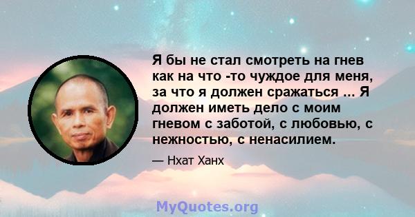 Я бы не стал смотреть на гнев как на что -то чуждое для меня, за что я должен сражаться ... Я должен иметь дело с моим гневом с заботой, с любовью, с нежностью, с ненасилием.