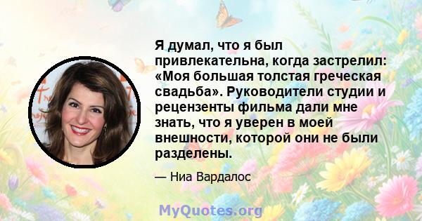 Я думал, что я был привлекательна, когда застрелил: «Моя большая толстая греческая свадьба». Руководители студии и рецензенты фильма дали мне знать, что я уверен в моей внешности, которой они не были разделены.