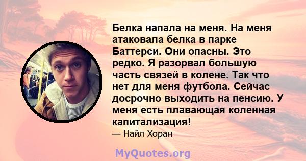 Белка напала на меня. На меня атаковала белка в парке Баттерси. Они опасны. Это редко. Я разорвал большую часть связей в колене. Так что нет для меня футбола. Сейчас досрочно выходить на пенсию. У меня есть плавающая