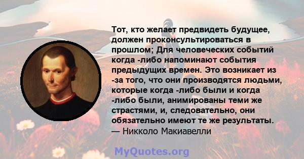 Тот, кто желает предвидеть будущее, должен проконсультироваться в прошлом; Для человеческих событий когда -либо напоминают события предыдущих времен. Это возникает из -за того, что они производятся людьми, которые когда 