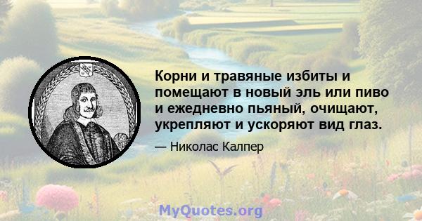 Корни и травяные избиты и помещают в новый эль или пиво и ежедневно пьяный, очищают, укрепляют и ускоряют вид глаз.