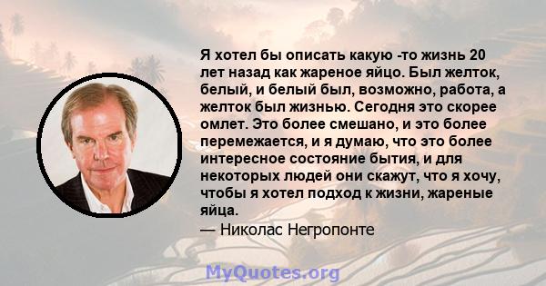 Я хотел бы описать какую -то жизнь 20 лет назад как жареное яйцо. Был желток, белый, и белый был, возможно, работа, а желток был жизнью. Сегодня это скорее омлет. Это более смешано, и это более перемежается, и я думаю,