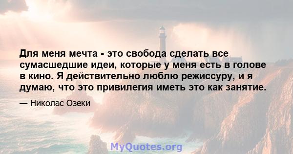 Для меня мечта - это свобода сделать все сумасшедшие идеи, которые у меня есть в голове в кино. Я действительно люблю режиссуру, и я думаю, что это привилегия иметь это как занятие.