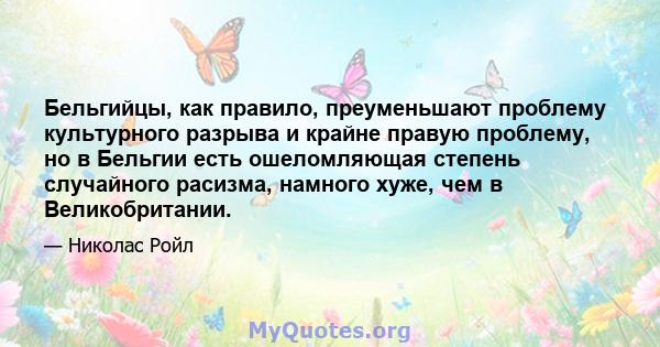 Бельгийцы, как правило, преуменьшают проблему культурного разрыва и крайне правую проблему, но в Бельгии есть ошеломляющая степень случайного расизма, намного хуже, чем в Великобритании.