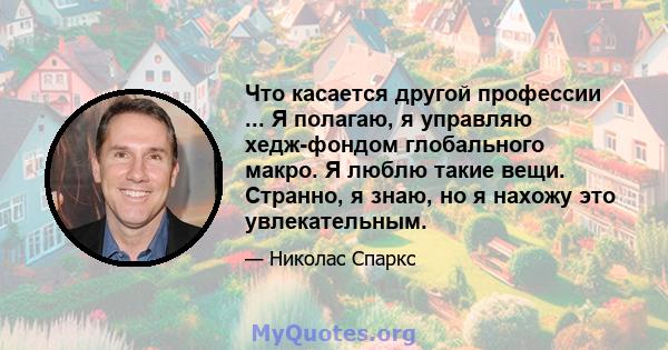 Что касается другой профессии ... Я полагаю, я управляю хедж-фондом глобального макро. Я люблю такие вещи. Странно, я знаю, но я нахожу это увлекательным.