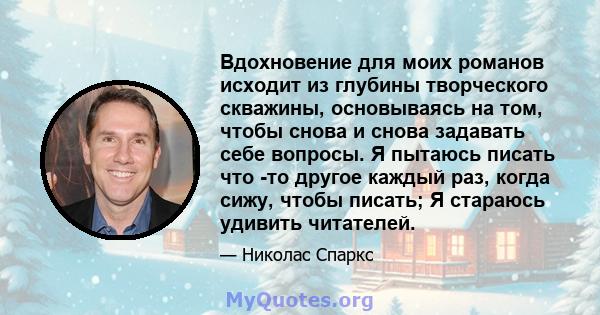 Вдохновение для моих романов исходит из глубины творческого скважины, основываясь на том, чтобы снова и снова задавать себе вопросы. Я пытаюсь писать что -то другое каждый раз, когда сижу, чтобы писать; Я стараюсь