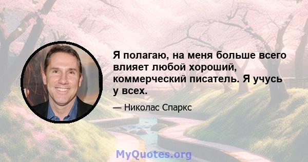 Я полагаю, на меня больше всего влияет любой хороший, коммерческий писатель. Я учусь у всех.