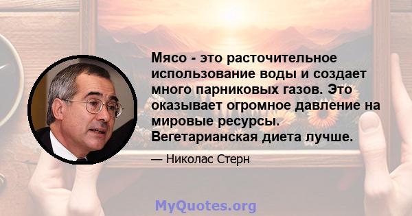 Мясо - это расточительное использование воды и создает много парниковых газов. Это оказывает огромное давление на мировые ресурсы. Вегетарианская диета лучше.