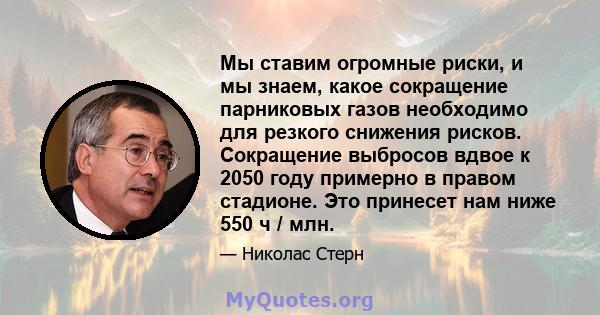 Мы ставим огромные риски, и мы знаем, какое сокращение парниковых газов необходимо для резкого снижения рисков. Сокращение выбросов вдвое к 2050 году примерно в правом стадионе. Это принесет нам ниже 550 ч / млн.