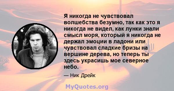 Я никогда не чувствовал волшебства безумно, так как это я никогда не видел, как лунки знали смысл моря, который я никогда не держал эмоции в ладони или чувствовал сладкие бризы на вершине дерева, но теперь ты здесь