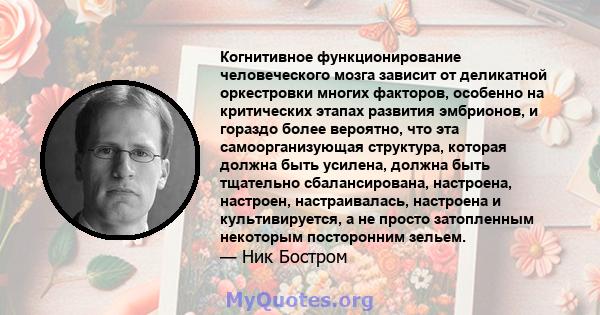 Когнитивное функционирование человеческого мозга зависит от деликатной оркестровки многих факторов, особенно на критических этапах развития эмбрионов, и гораздо более вероятно, что эта самоорганизующая структура,