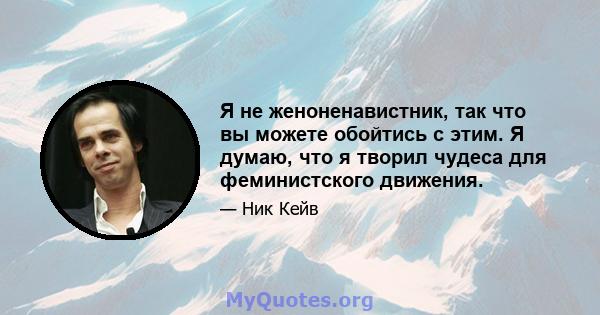 Я не женоненавистник, так что вы можете обойтись с этим. Я думаю, что я творил чудеса для феминистского движения.