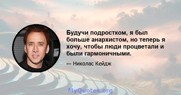 Будучи подростком, я был больше анархистом, но теперь я хочу, чтобы люди процветали и были гармоничными.