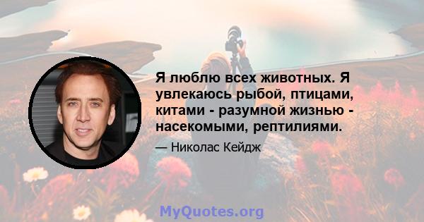 Я люблю всех животных. Я увлекаюсь рыбой, птицами, китами - разумной жизнью - насекомыми, рептилиями.