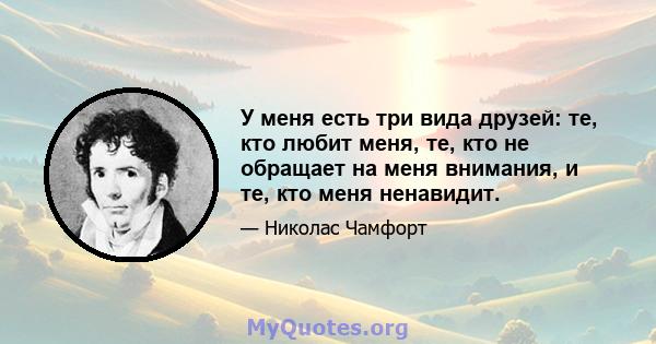 У меня есть три вида друзей: те, кто любит меня, те, кто не обращает на меня внимания, и те, кто меня ненавидит.