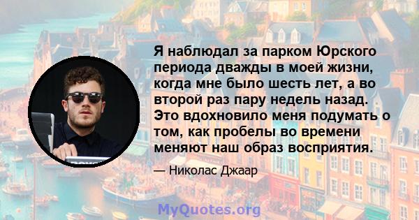 Я наблюдал за парком Юрского периода дважды в моей жизни, когда мне было шесть лет, а во второй раз пару недель назад. Это вдохновило меня подумать о том, как пробелы во времени меняют наш образ восприятия.