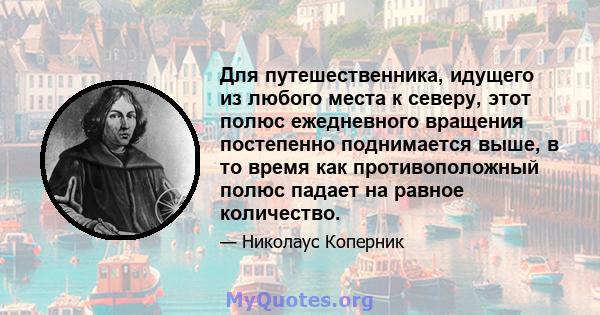 Для путешественника, идущего из любого места к северу, этот полюс ежедневного вращения постепенно поднимается выше, в то время как противоположный полюс падает на равное количество.