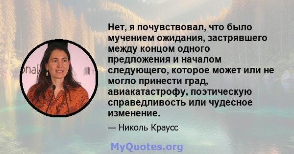 Нет, я почувствовал, что было мучением ожидания, застрявшего между концом одного предложения и началом следующего, которое может или не могло принести град, авиакатастрофу, поэтическую справедливость или чудесное