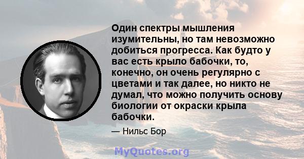 Один спектры мышления изумительны, но там невозможно добиться прогресса. Как будто у вас есть крыло бабочки, то, конечно, он очень регулярно с цветами и так далее, но никто не думал, что можно получить основу биологии