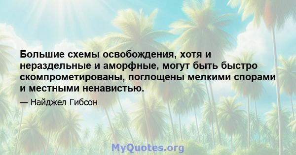 Большие схемы освобождения, хотя и нераздельные и аморфные, могут быть быстро скомпрометированы, поглощены мелкими спорами и местными ненавистью.