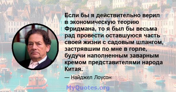 Если бы я действительно верил в экономическую теорию Фридмана, то я был бы весьма рад провести оставшуюся часть своей жизни с садовым шлангом, застрявшим по мне в горле, будучи наполненным заварным кремом