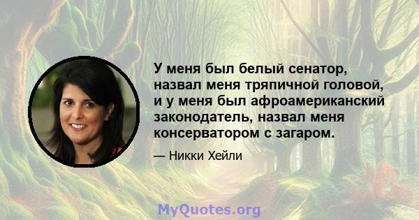 У меня был белый сенатор, назвал меня тряпичной головой, и у меня был афроамериканский законодатель, назвал меня консерватором с загаром.