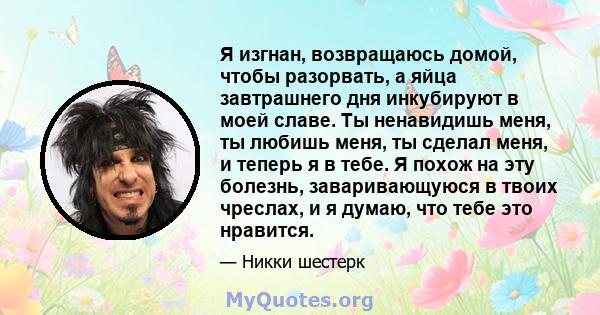 Я изгнан, возвращаюсь домой, чтобы разорвать, а яйца завтрашнего дня инкубируют в моей славе. Ты ненавидишь меня, ты любишь меня, ты сделал меня, и теперь я в тебе. Я похож на эту болезнь, заваривающуюся в твоих