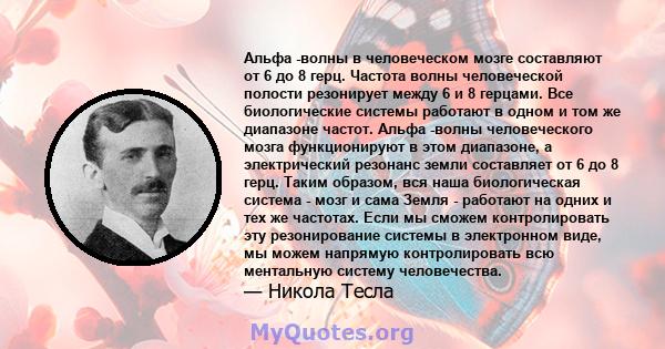 Альфа -волны в человеческом мозге составляют от 6 до 8 герц. Частота волны человеческой полости резонирует между 6 и 8 герцами. Все биологические системы работают в одном и том же диапазоне частот. Альфа -волны