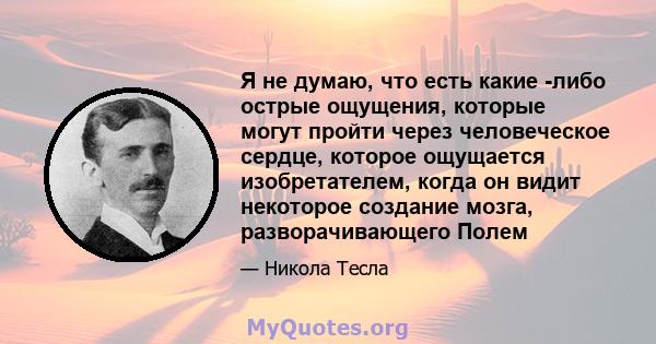 Я не думаю, что есть какие -либо острые ощущения, которые могут пройти через человеческое сердце, которое ощущается изобретателем, когда он видит некоторое создание мозга, разворачивающего Полем