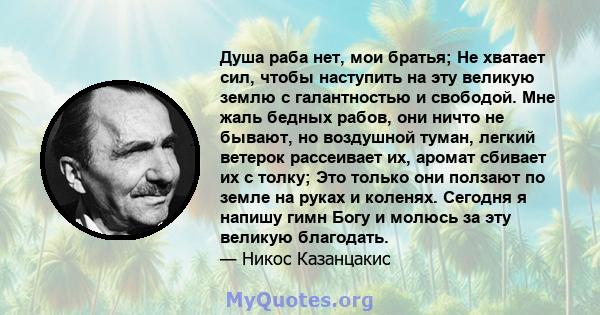 Душа раба нет, мои братья; Не хватает сил, чтобы наступить на эту великую землю с галантностью и свободой. Мне жаль бедных рабов, они ничто не бывают, но воздушной туман, легкий ветерок рассеивает их, аромат сбивает их