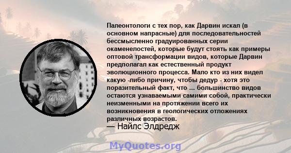 Палеонтологи с тех пор, как Дарвин искал (в основном напрасные) для последовательностей бессмысленно градуированных серии окаменелостей, которые будут стоять как примеры оптовой трансформации видов, которые Дарвин