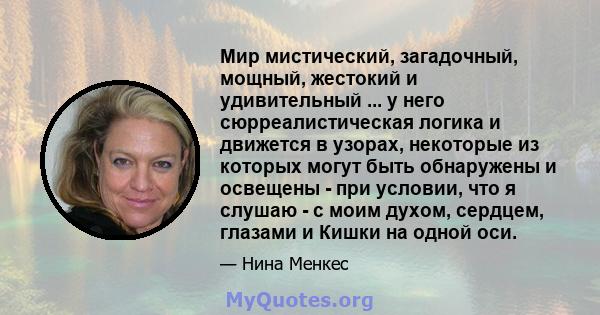 Мир мистический, загадочный, мощный, жестокий и удивительный ... у него сюрреалистическая логика и движется в узорах, некоторые из которых могут быть обнаружены и освещены - при условии, что я слушаю - с моим духом,