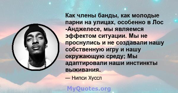 Как члены банды, как молодые парни на улицах, особенно в Лос -Анджелесе, мы являемся эффектом ситуации. Мы не проснулись и не создавали нашу собственную игру и нашу окружающую среду; Мы адаптировали наши инстинкты