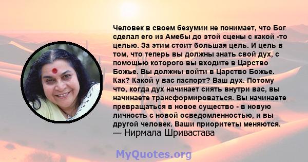 Человек в своем безумии не понимает, что Бог сделал его из Амебы до этой сцены с какой -то целью. За этим стоит большая цель. И цель в том, что теперь вы должны знать свой дух, с помощью которого вы входите в Царство