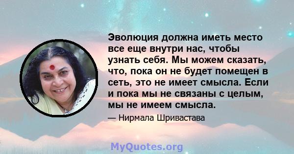 Эволюция должна иметь место все еще внутри нас, чтобы узнать себя. Мы можем сказать, что, пока он не будет помещен в сеть, это не имеет смысла. Если и пока мы не связаны с целым, мы не имеем смысла.