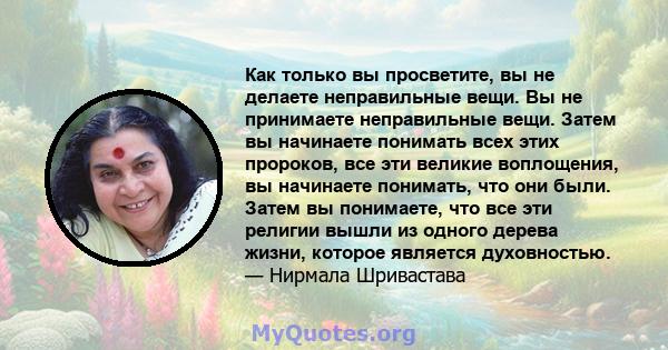 Как только вы просветите, вы не делаете неправильные вещи. Вы не принимаете неправильные вещи. Затем вы начинаете понимать всех этих пророков, все эти великие воплощения, вы начинаете понимать, что они были. Затем вы