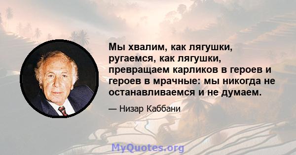 Мы хвалим, как лягушки, ругаемся, как лягушки, превращаем карликов в героев и героев в мрачные: мы никогда не останавливаемся и не думаем.