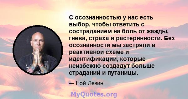 С осознанностью у нас есть выбор, чтобы ответить с состраданием на боль от жажды, гнева, страха и растерянности. Без осознанности мы застряли в реактивной схеме и идентификации, которые неизбежно создадут больше