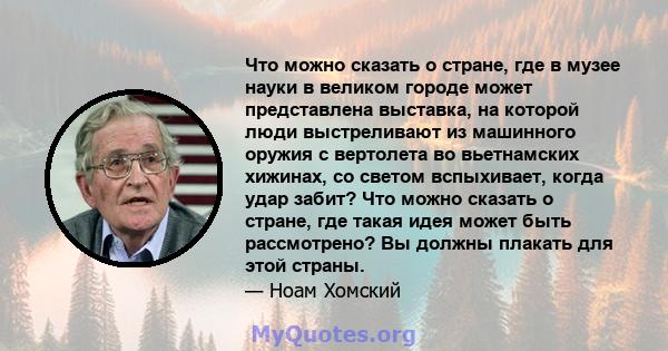 Что можно сказать о стране, где в музее науки в великом городе может представлена ​​выставка, на которой люди выстреливают из машинного оружия с вертолета во вьетнамских хижинах, со светом вспыхивает, когда удар забит?