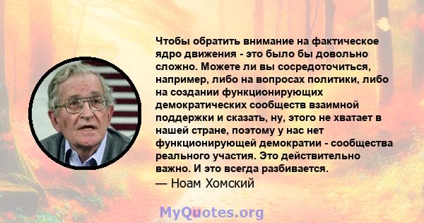 Чтобы обратить внимание на фактическое ядро ​​движения - это было бы довольно сложно. Можете ли вы сосредоточиться, например, либо на вопросах политики, либо на создании функционирующих демократических сообществ