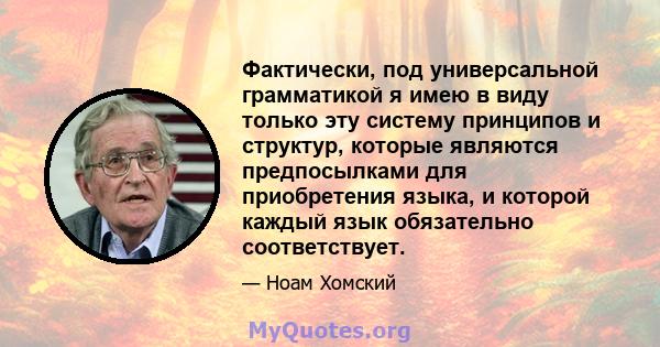 Фактически, под универсальной грамматикой я имею в виду только эту систему принципов и структур, которые являются предпосылками для приобретения языка, и которой каждый язык обязательно соответствует.